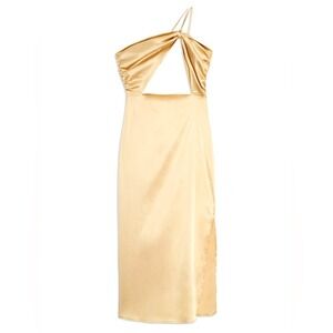 Danielle Bernstein Champagne Satin Cutout One Shoulder Midi Dress Gold Large